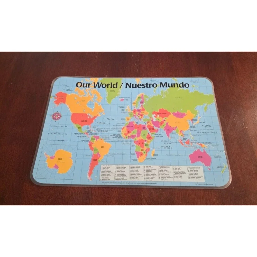 Our World Educational Placemat Bilingual Plastic 2004 Made in USA Homeschooling